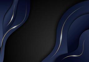 Abstract elegant dark blue color wave shape and gold lines with lighting on black background luxury style vector