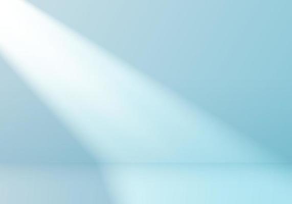 3D empty studio room with light shines from the window on soft blue minimal scene background