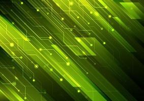 Rayas diagonales verdes abstractas y circuito en concepto futurista digital de tecnología de fondo oscuro vector