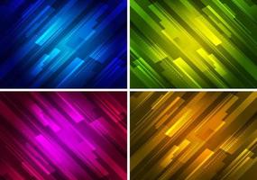 Set abstract technology futuristic concept yellow, blue, green, red glowing diagonal stripes layered on dark background. vector