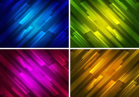 Set abstract technology futuristic concept yellow, blue, green, red glowing diagonal stripes layered on dark background.