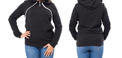 Woman in black hoodie set isolated on white background. Hoodie mock up photo