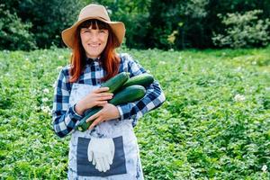 Woman farmer holds a zucchini in her vegetable garden photo