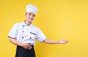 male chef portrait, isolated on yellow background photo