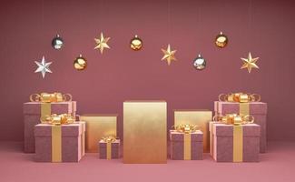 podios dorados con cajas de regalo alrededor.