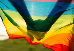 imagen de una pareja gay cogidos de la mano en la bandera lgbt foto