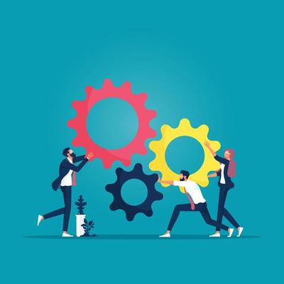 Business teamwork vector concept with business team pushing gears together. Symbol of cooperation, collaboration, technology, success