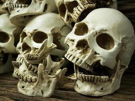 Awesome pile of skull and bone on old wooden background, Still Life style, selective focus, Halloween photo