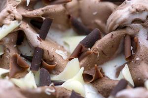 Macro on chocolate and vanilla ice cream with sweet flakes photo