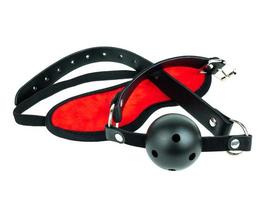 Sex toy black leather latex strap with red ball and eye mask, BDSM Sex attributes, Sadism Masochism Bondage Discipline Belting. isolated on white, Clipping path