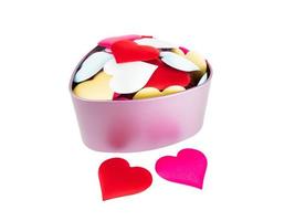 Heart box with Colorful mini hearts isolated on white background, Valentine decorations, Various hearts, Clipping path photo