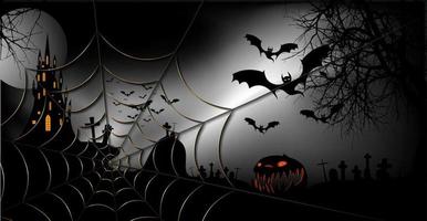 Halloween party banner, spooky dark background, silhouettes of characters and scary bats with gothic haunted castle, horror theme concept, gold cobweb and dark graveyard, vector templates