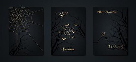 Halloween party, set gold cards spooky dark background, silhouettes of characters and scary bats with gothic haunted castle, horror theme concept, scary pumpkin and dark graveyard, vector templates