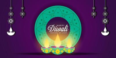 happy diwali in purple background and with rangoli brighten up vector