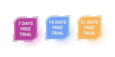 Set 7 days 14 days and 21 days label free trial template design vector