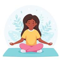 chica meditando en posición de loto. gimnasia, yoga y meditación para niños. vector