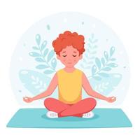 Boy meditating in lotus pose. Gymnastic, yoga and meditation for children. vector