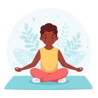 Black boy meditating in lotus pose. Gymnastic, yoga and meditation for children. vector