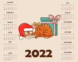 Calendar design template for 2022, the year of the tiger according to the Chinese or Eastern calendar, with an illustration of the tiger. Horizontal table with calendar for 2022. Vector