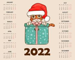 Calendar design template for 2022, the year of the tiger according to the Chinese or Eastern calendar, with an illustration of the tiger. Horizontal table with calendar for 2022. Vector