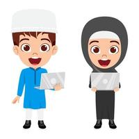 Happy cute beautiful Muslim Arab  kid boy and girl character wearing Muslim business outfit hijab and standing with laptop and with cheerful expression vector