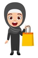 Happy cute beautiful Muslim Arab  kid girl character wearing Muslim hijab business outfit standing and holding shopping bag isolated vector