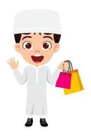 Happy cute beautiful Muslim Arab  kid boy character wearing Muslim business outfit standing and holding shopping bags isolated vector