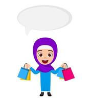 Happy cute beautiful Muslim Arab  kid girl character wearing Muslim hijab business outfit standing and holding shopping bags isolated with speech bubble vector