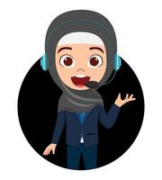 feliz, lindo, hermoso, musulmán, árabe, niño, niña, carácter, avatar, llevando, musulmán, traje de negocios, hijab, y, micrófono, con, alegre, expresión facial vector