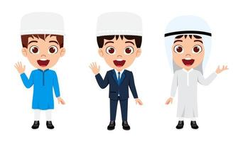 Happy cute beautiful Muslim Arab  kid boy character wearing Muslim business outfit standing and waving posing vector