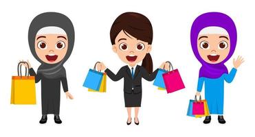 Happy cute beautiful Muslim Arab  kid girl character wearing Muslim hijab business outfit standing and holding shopping bags isolated vector
