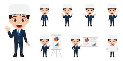 Happy cute Muslim Arab kid businessman character wearing business outfit standing holding blank board placard and doing different actions with sales graph isolated vector