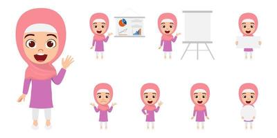 Happy cute Muslim Arab kid businesswoman character wearing business outfit and Hijab standing holding blank board placard and doing different actions with sales graph vector