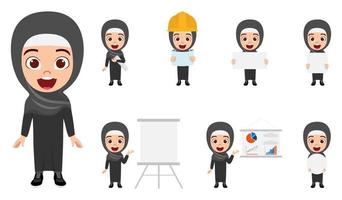 Happy cute Muslim Arab kid engineer character wearing business outfit and Hijab standing holding blank board placard and doing different actions with sales graph with cheerful facial expression vector