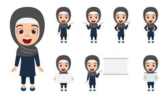 Happy cute Muslim Arab kid businesswoman character wearing business outfit and Hijab standing holding blank board placard and doing different actions vector