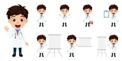 Happy cute Muslim Arab kid boy doctor nurse character wearing nurse outfit and standing holding clipboard medical kit and doing different actions isolated vector