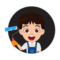 Untitled-Happy cute beautiful kid boy engineer construction worker carpenter painter character avatar standing and posing on construction truck holding tools waving isolated vector