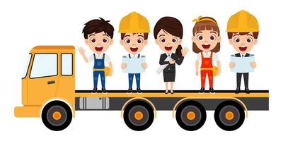 Happy cute beautiful kid boy and girl engineer construction worker standing and posing on construction truck holding report file waving isolated vector