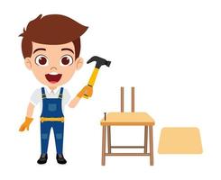 Happy cute beautiful kid boy carpenter construction worker standing and posing holding hammer and building wooden chair vector