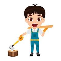Happy cute beautiful kid girl carpenter construction worker standing and posing holding axe with wooden board vector