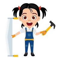 Happy cute beautiful kid girl carpenter construction worker standing and posing holding hand saw hammer vector