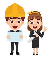 Happy cute beautiful kid boy and girl engineer construction worker standing and posing holding report file waving isolated vector