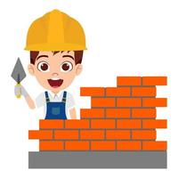 feliz, lindo, hermoso, niño, niño, ingeniero, construcción, trabajador, de pie, y, edificio, pared, con, herramientas vector