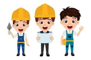 Happy cute beautiful kid boy engineer construction worker standing and posing holding report file vector