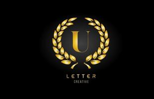 gold golden U alphabet letter logo icon with floral design for business and company vector