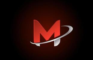 M icono de logotipo de letra del alfabeto de metal rojo para empresa con diseño de swoosh gris vector