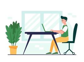 Working man concept design. Man sitting at the desk and working on the laptop computer. Flat vector illustration