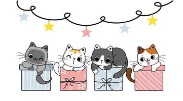 grupo de gato de gatito lindo de raza de variedad en cajas de regalo presentes en colores pastel, fiesta de navidad en colores pastel, vector plano de doodle dibujado a mano de dibujos animados.