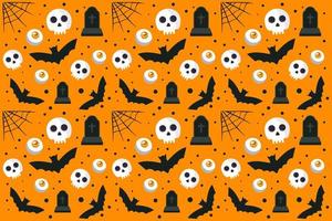 halloween pattern with spider web, skull, bat, stone tomb, and eyeball vector