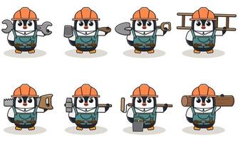 Penguin Cute Handyman set with big tools. vector